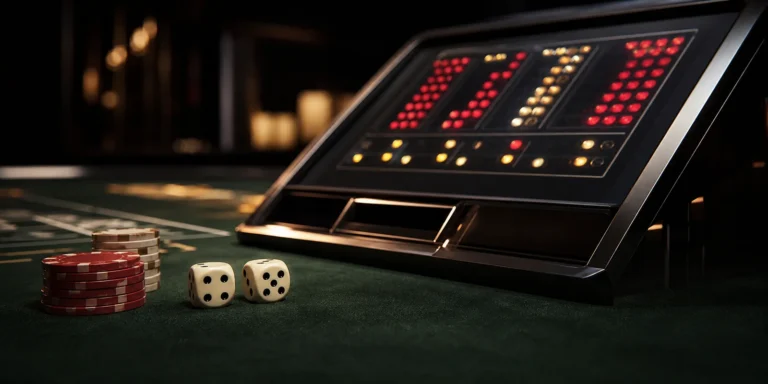 Electronic craps terminal beside two dice and casino chips on green felt