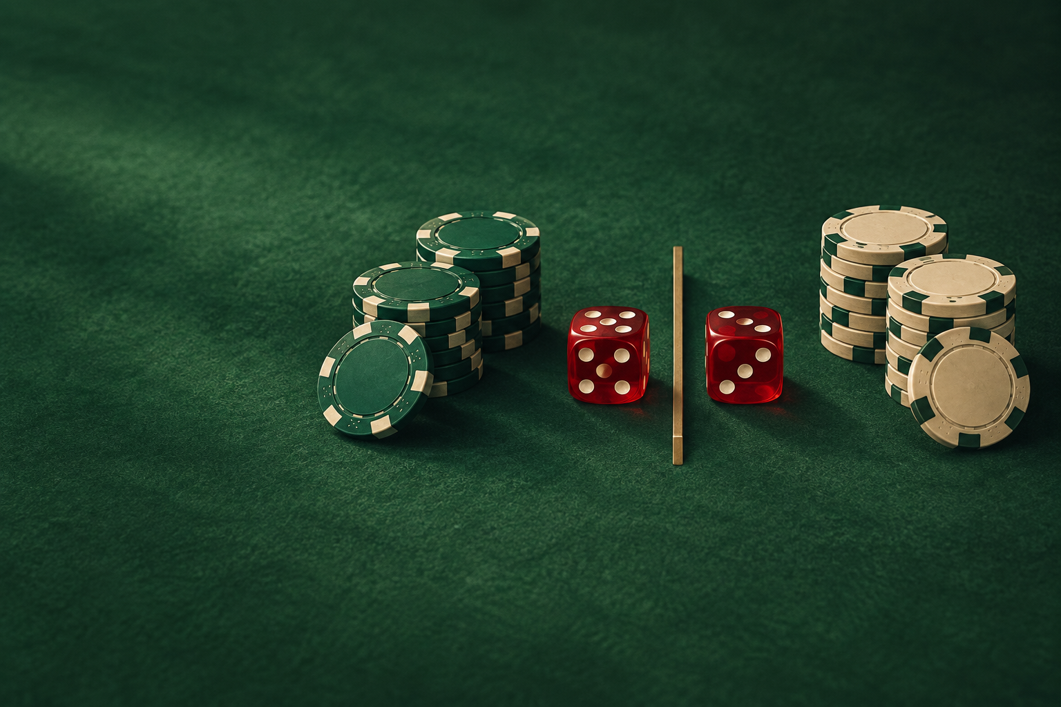 Original illustration of two equal chip groups and two red dice separated by a thin brass divider.