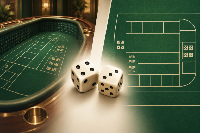 Conceptual comparison of a dimensional green table and a flat digital layout, with dice between them.