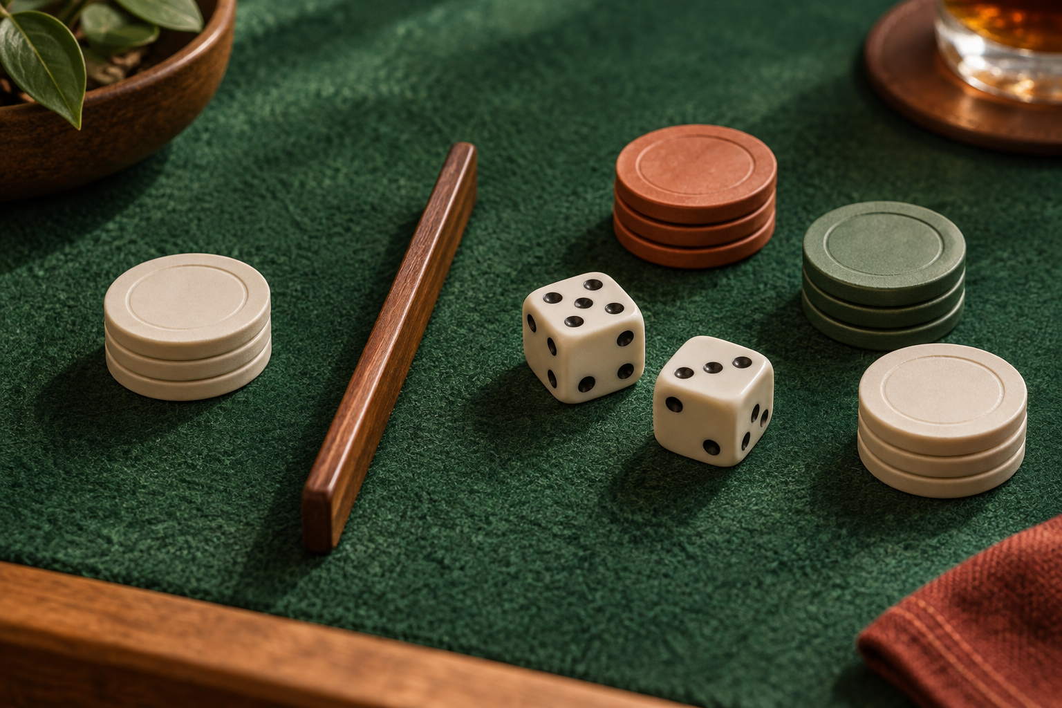 Illustration of modest chip groups separated by a divider beside dice, representing a reserved bankroll.