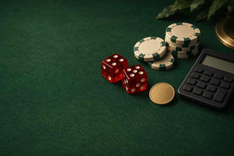 Original illustration of dice, a few chips, a blank reward token and an unmarked calculator.