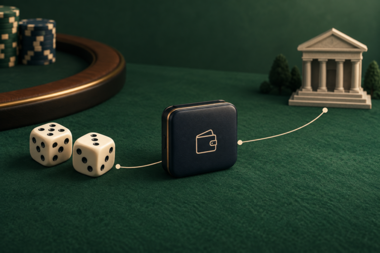 Conceptual illustration connecting dice, a digital wallet and a bank to represent separate payment stages.